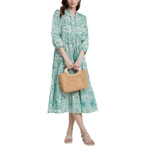 Women's Floral Printed Maxi Dress Boho Tassel Tie Neck 3/4 Sleeve Ruffle Hem Flowy Tiered Long Dress with Pockets in Kuwait