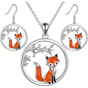 Fox Pendant Necklace and Earrings Set, Silver Tone with Orange Enamel, 18 Inches in Saudi Arabia