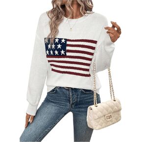 SweatyRocks Women's American Flag Print Long Sleeve Sweater Casual Loose Knit Round Neck Pullover Top in Saudi Arabia
