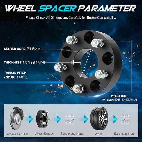 4pcs 5x5 (5x127mm) Wheel Spacers w/ 71.5mm Bore, 1.5 inch (38.1mm) 14x1.5 Studs fits 2011-2021 Jeep Grand Cherokee; 2019-2023 Wrangler; 2020-2023 Gladiator, 2011-2023 Dodge Durango, Not Hubcentric in Saudi Arabia