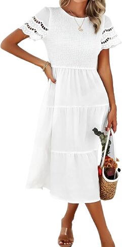 Roll Up Fashion Women's Spring Summer Fall Dresses Solid Color Hallow Eyelet Short Sleeve Midi Dress Beach Vacation in Kuwait