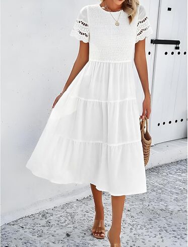 Roll Up Fashion Women's Spring Summer Fall Dresses Solid Color Hallow Eyelet Short Sleeve Midi Dress Beach Vacation in Kuwait