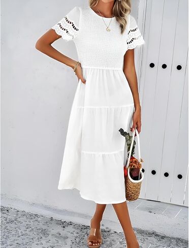 Roll Up Fashion Women's Spring Summer Fall Dresses Solid Color Hallow Eyelet Short Sleeve Midi Dress Beach Vacation in Kuwait