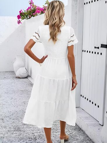 Roll Up Fashion Women's Spring Summer Fall Dresses Solid Color Hallow Eyelet Short Sleeve Midi Dress Beach Vacation in Kuwait