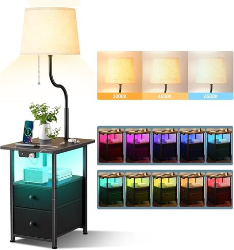 addlon Floor Lamp with Side Table, Nightstand with Charging Station, 3 Color Temperatures 9W LED Bulb, Floor Lamps for Living Room, Bedroom, Storage End Tables Living Room - Black in Kuwait