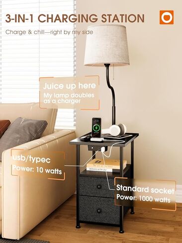 addlon Floor Lamp with Side Table, Nightstand with Charging Station, 3 Color Temperatures 9W LED Bulb, Floor Lamps for Living Room, Bedroom, Storage End Tables Living Room - Black in Kuwait