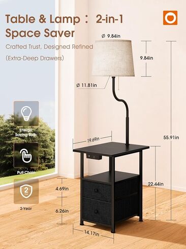 addlon Floor Lamp with Side Table, Nightstand with Charging Station, 3 Color Temperatures 9W LED Bulb, Floor Lamps for Living Room, Bedroom, Storage End Tables Living Room - Black in Kuwait