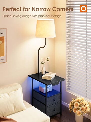 addlon Floor Lamp with Side Table, Nightstand with Charging Station, 3 Color Temperatures 9W LED Bulb, Floor Lamps for Living Room, Bedroom, Storage End Tables Living Room - Black in Kuwait
