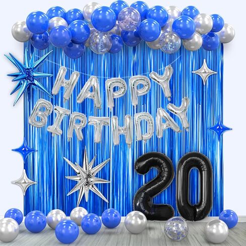 زينة حفلة عيد الميلاد الرابع عشر للأولاد، مجموعة زينة عيد ميلاد سعيد 14 باللون الأزرق الداكن والفضي والأسود مع لافتة خلفية عيد ميلاد 14 بالونة رقم له بعمر 14 عامًا. in Saudi Arabia