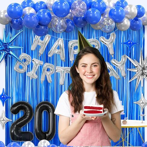 زينة حفلة عيد الميلاد الرابع عشر للأولاد، مجموعة زينة عيد ميلاد سعيد 14 باللون الأزرق الداكن والفضي والأسود مع لافتة خلفية عيد ميلاد 14 بالونة رقم له بعمر 14 عامًا. in Saudi Arabia