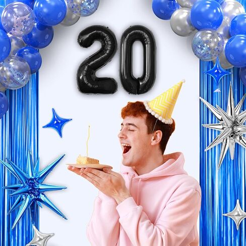 زينة حفلة عيد الميلاد الرابع عشر للأولاد، مجموعة زينة عيد ميلاد سعيد 14 باللون الأزرق الداكن والفضي والأسود مع لافتة خلفية عيد ميلاد 14 بالونة رقم له بعمر 14 عامًا. in Saudi Arabia