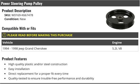 Power Steering Pump Pulley - Compatible with 1994-1998 Jeep Grand Cherokee 5.2L V8 in Saudi Arabia