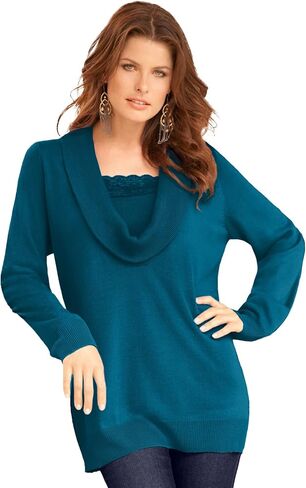 Roaman's Women's Plus Size Lace Trim Cowl Neck Sweater in Saudi Arabia