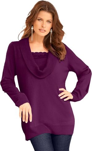 Roaman's Women's Plus Size Lace Trim Cowl Neck Sweater in Saudi Arabia