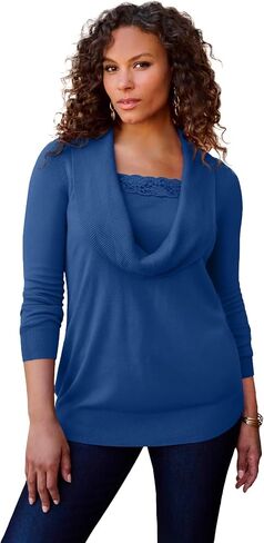 Roaman's Women's Plus Size Lace Trim Cowl Neck Sweater in Saudi Arabia