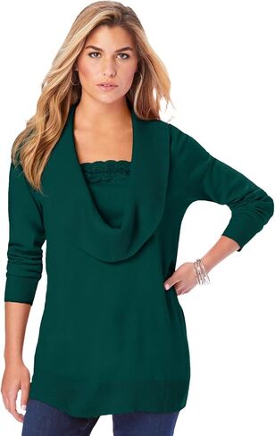 Roaman's Women's Plus Size Lace Trim Cowl Neck Sweater in Saudi Arabia