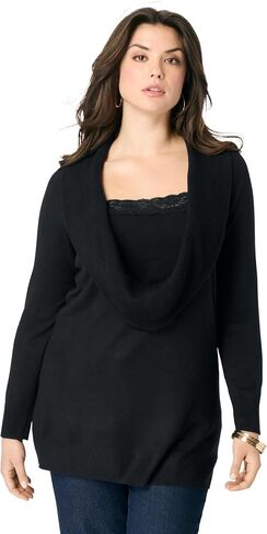 Roaman's Women's Plus Size Lace Trim Cowl Neck Sweater in Saudi Arabia