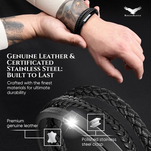 ROGUE RAVEN Leather Bracelet For Men [Size Adjustable] Tarnish Free Wrist Bracelet With Stainless Steel Closure | Aesthetic Fashion Accessorie in Exclusive Jewlery Box | Buy Now in Saudi Arabia