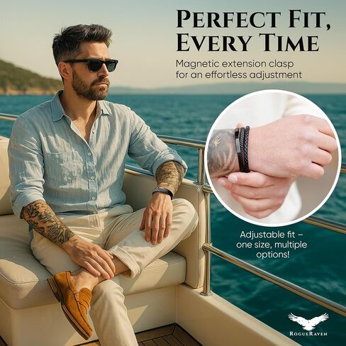 ROGUE RAVEN Leather Bracelet For Men [Size Adjustable] Tarnish Free Wrist Bracelet With Stainless Steel Closure | Aesthetic Fashion Accessorie in Exclusive Jewlery Box | Buy Now in Saudi Arabia
