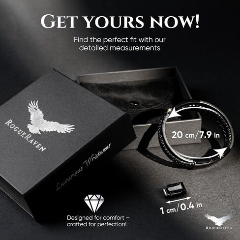 ROGUE RAVEN Leather Bracelet For Men [Size Adjustable] Tarnish Free Wrist Bracelet With Stainless Steel Closure | Aesthetic Fashion Accessorie in Exclusive Jewlery Box | Buy Now in Saudi Arabia