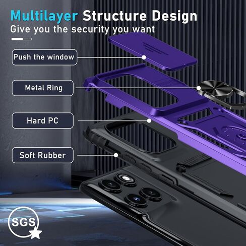 Janmitta Compatible with Moto Edge 2022 Case Built in Slide Camera Lens Cover+Screen Protector+Metal Kickstand,Heavy Duty Shockproof Full Body Cover,Black in Kuwait