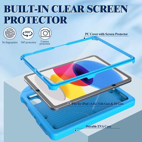 حالة Kids for iPad 11th Generation (A16 11 "2025) و iPad 10th Gen (10.9 بوصة 2022)-غطاء الوقاية من الصدمات الكامل للجسم مع واقي الشاشة ، حامل قلم رصاص ومقبض ، أزرق in Kuwait