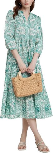 Women's Floral Printed Maxi Dress Boho Tassel Tie Neck 3/4 Sleeve Ruffle Hem Flowy Tiered Long Dress with Pockets in Kuwait