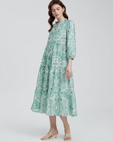 Women's Floral Printed Maxi Dress Boho Tassel Tie Neck 3/4 Sleeve Ruffle Hem Flowy Tiered Long Dress with Pockets in Kuwait