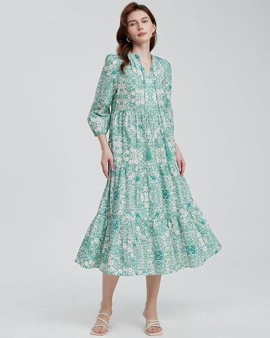 Women's Floral Printed Maxi Dress Boho Tassel Tie Neck 3/4 Sleeve Ruffle Hem Flowy Tiered Long Dress with Pockets in Kuwait