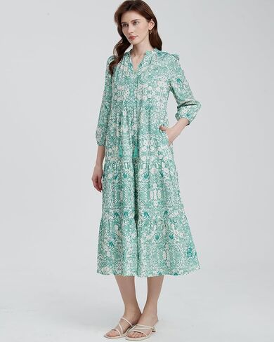 Women's Floral Printed Maxi Dress Boho Tassel Tie Neck 3/4 Sleeve Ruffle Hem Flowy Tiered Long Dress with Pockets in Kuwait