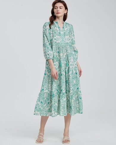 Women's Floral Printed Maxi Dress Boho Tassel Tie Neck 3/4 Sleeve Ruffle Hem Flowy Tiered Long Dress with Pockets in Kuwait