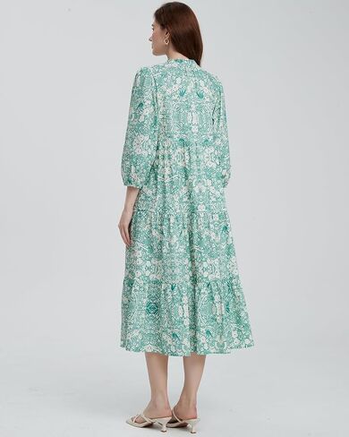 Women's Floral Printed Maxi Dress Boho Tassel Tie Neck 3/4 Sleeve Ruffle Hem Flowy Tiered Long Dress with Pockets in Kuwait