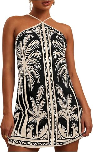 MakeMeChic Women's Tropical Print Halter Dress Tie Backless Spaghetti Strap Boho Short Dresses in Saudi Arabia