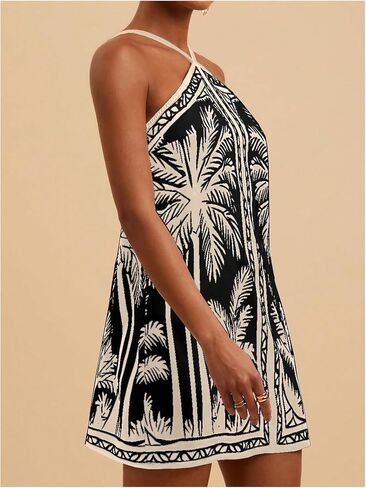 MakeMeChic Women's Tropical Print Halter Dress Tie Backless Spaghetti Strap Boho Short Dresses in Saudi Arabia