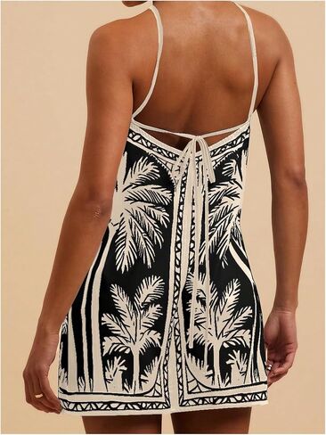 MakeMeChic Women's Tropical Print Halter Dress Tie Backless Spaghetti Strap Boho Short Dresses in Saudi Arabia