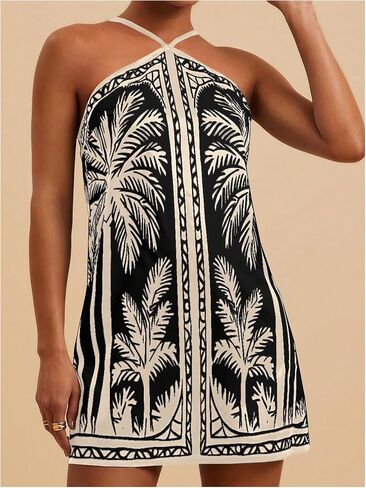 MakeMeChic Women's Tropical Print Halter Dress Tie Backless Spaghetti Strap Boho Short Dresses in Saudi Arabia