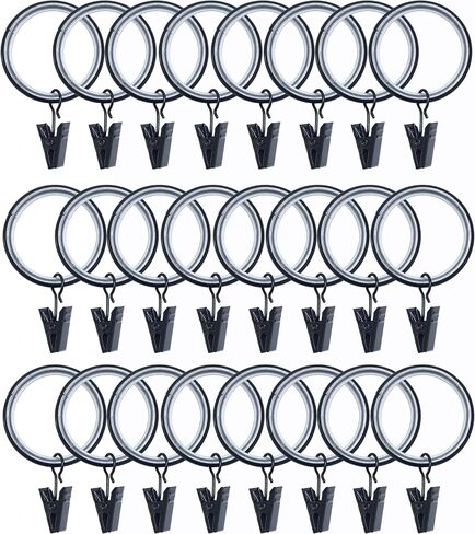 24 Pack Curtain Rings with Smooth, Quiet Nylon Inserts with Clips, Window Clip Rings Curtain Hooks Hangers, 1.26 in Interior Diameter, Fits up to 1" Rod (Nickel) in Saudi Arabia