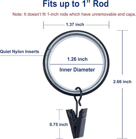 24 Pack Curtain Rings with Smooth, Quiet Nylon Inserts with Clips, Window Clip Rings Curtain Hooks Hangers, 1.26 in Interior Diameter, Fits up to 1" Rod (Nickel) in Saudi Arabia