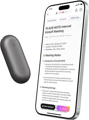 AI Voice Recorder, PLAUD NotePin Voice Recorder, App Control, AI Notetaker, AI Transcribe & Summarize, Support 112 Languages, 64GB Memory, Audio Recorder for Lectures, Meetings, Lunar Silver in Kuwait
