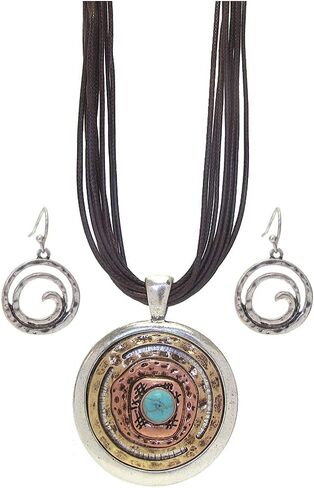 Fashion Jewelry ~ Tri-tone Hammered Metal Disc Pendant on Brown Cord Necklace and Earrings Set for Women Casual in Saudi Arabia