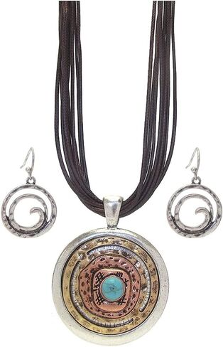 Fashion Jewelry ~ Tri-tone Hammered Metal Disc Pendant on Brown Cord Necklace and Earrings Set for Women Casual in Saudi Arabia