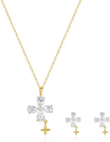 14K Gold Plated | 14K Platinum Plated Necklace for Women Necklace Earrings Set with Sparkling Zircon Inlay and Silver Post Earrings in Saudi Arabia