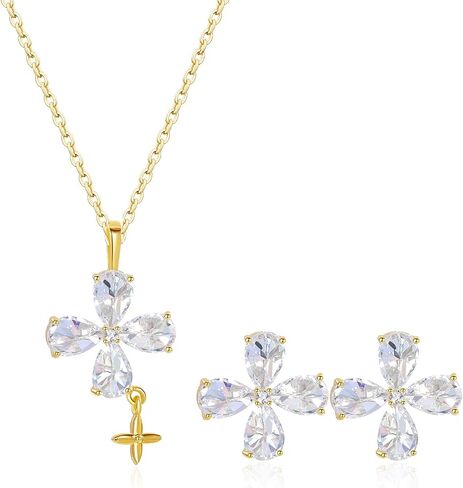 14K Gold Plated | 14K Platinum Plated Necklace for Women Necklace Earrings Set with Sparkling Zircon Inlay and Silver Post Earrings in Saudi Arabia