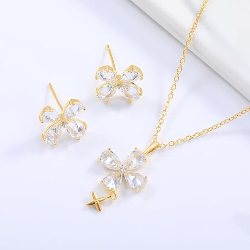 14K Gold Plated | 14K Platinum Plated Necklace for Women Necklace Earrings Set with Sparkling Zircon Inlay and Silver Post Earrings in Saudi Arabia
