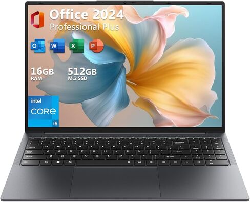 Eyy 16 "الكمبيوتر المحمول معالج Intel Core I5 ​​، Windows 11 Pro Labtop 16GB (8+8) RAM 512GB SSD ، 1920 × 1200 FHD 16:10 Display ، MS Office 2024 ، دفتر مع لوحة المفاتيح الخلفية ، WiFi ، BT5.0 ، RJ45 ، HDMI in Kuwait