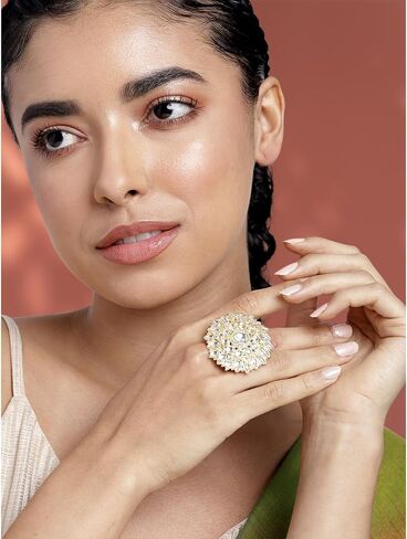 Aheli Gold Plated White Kundan Studded Adjustable Finger Ring Ethnic Fashion Jewellery Gift for Women in Saudi Arabia
