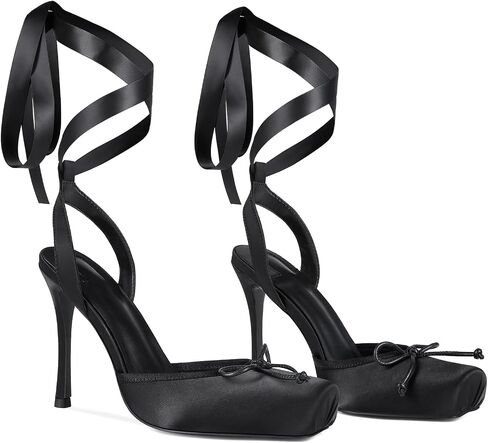 Saint Leia Women's High Heels Square Closed Toe Bow Heels Lace Up Summer Elegant Shoes in Saudi Arabia