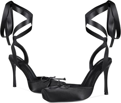 Saint Leia Women's High Heels Square Closed Toe Bow Heels Lace Up Summer Elegant Shoes in Saudi Arabia