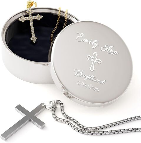 هدايا معمودية Bemaystar للفتاة المخصصة للمجوهرات مربع مخصص هدايا مخصصة هدايا عيد ميلاد التذكار لصديق أو نساء أو زوجة أو ابنته مع الصليب والفضة منغم ، جولة in Kuwait