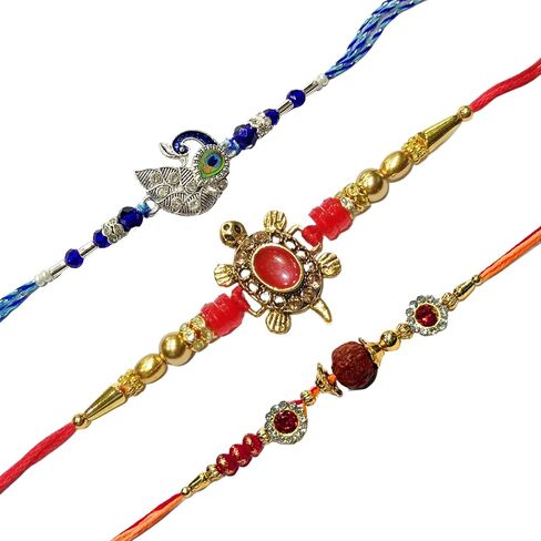 مجموعة Rakhi التقليدية من 3 لراخشا بانهان - خيوط مصممة راخي التي تضم الطاووس والسلحفاة ورودراكشا - حزمة هدايا احتفالية مصنوعة يدويًا in Saudi Arabia